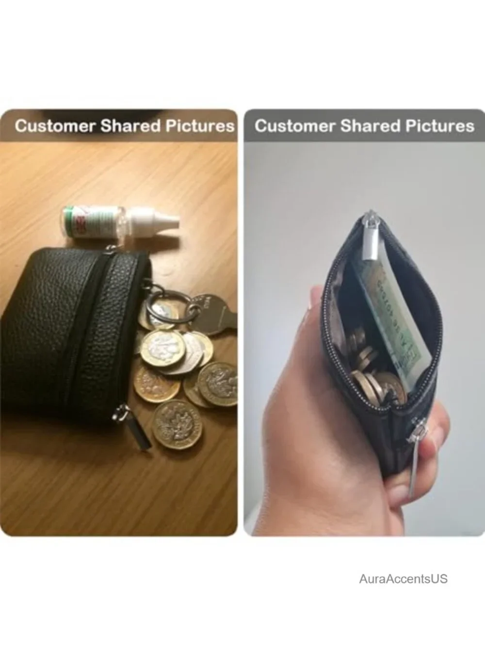 Genuine Leather Coin Purse with Zipper and Key Ring Mini Change Pouch